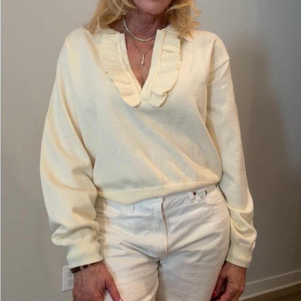 Cream Ruffled V-Neck Women’s Sweater